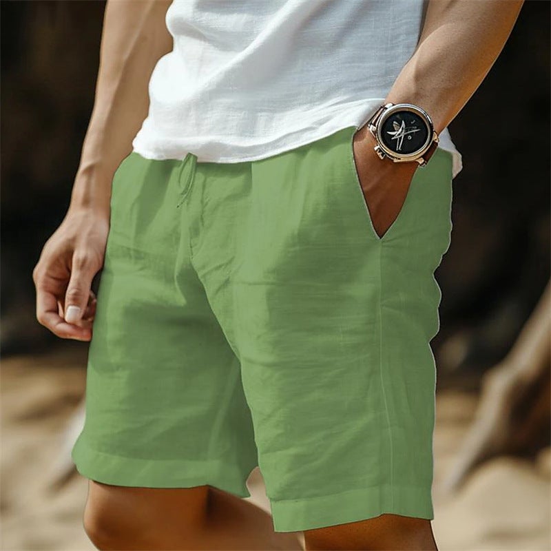 Men'S Cotton And Linen Summer Pocket Drawstring Elastic Waist Solid Color Comfortable Breathable Casual Daily Shorts - Image 2